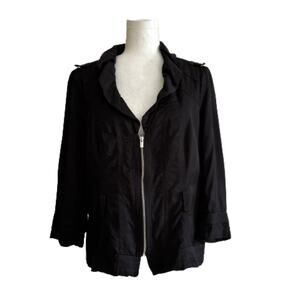 WHBM Jacket Black Zipper Front Ruffled Neck 3/4 Sleeve Utility Jacket Size 14